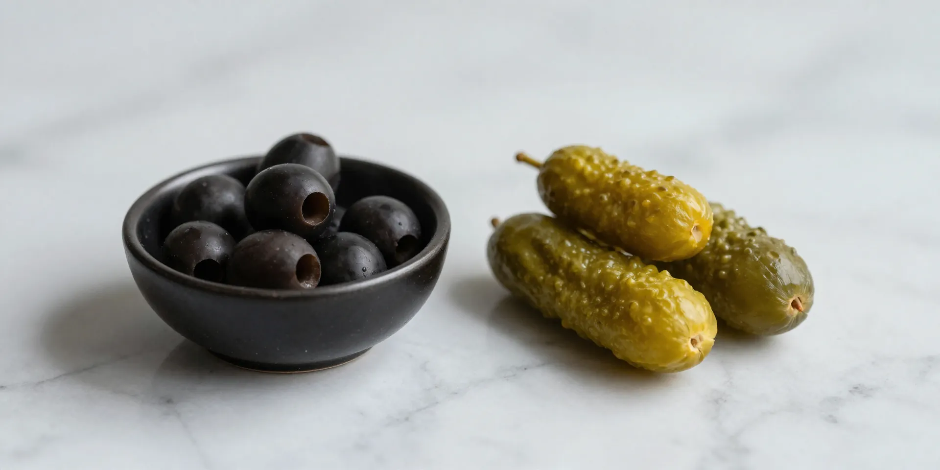 midjourney prompt: still life photo of a small black bowl with a few black olives and two pickle spears on a marble countertop, minimalist, natural light, muted colors, clean aesthetic --ar 16:9