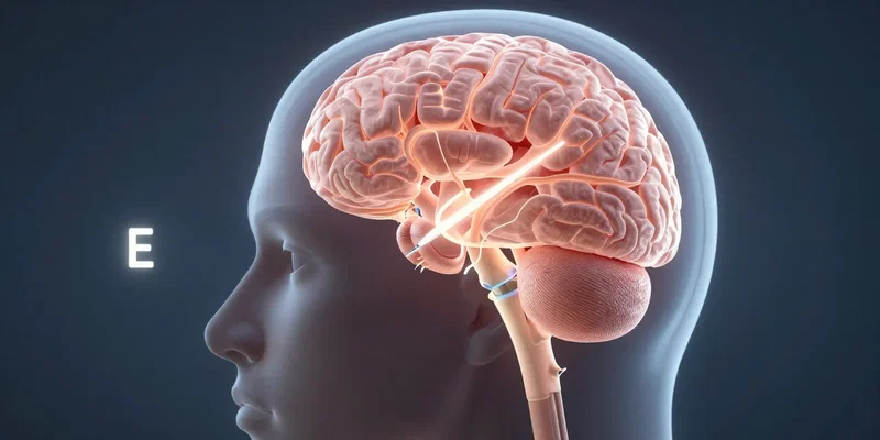 Photorealistic cross-section of a human head in profile, showing brain pathways glowing faintly while a fuel gauge needle points to 'E', soft biological light, medical illustration style, hyper-detailed