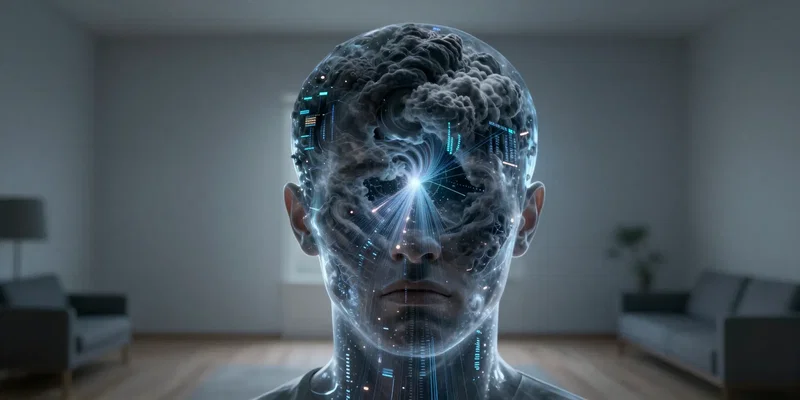 A visual metaphor of anxiety. A person's head is transparent, filled with swirling, ominous dark clouds and chaotic, glowing data streams. Outside the head, the reality is a calm, orderly room. Surrealism, digital art, detailed, trending on Artstation –v 6.0