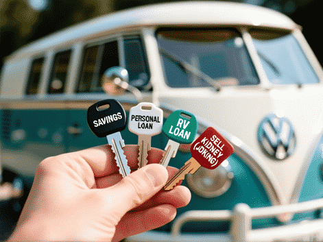 A hand holding four different, clearly labeled keys against a blurred background of a vintage Volkswagen van. One key is labeled 'SAVINGS', one 'PERSONAL LOAN', one 'RV LOAN', and one 'SELL KIDNEY (JOKING)'. The style is a bright, clear, shallow-depth-of-field product photo with a touch of whimsy.