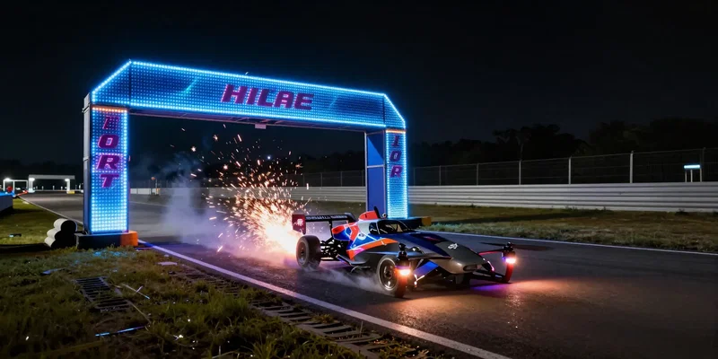 Wide angle tracking shot of a racing drone tearing through a neon-lit night track, glowing LED gates, sparks flying, hyper-kinetic energy, photorealistic --ar 16:9