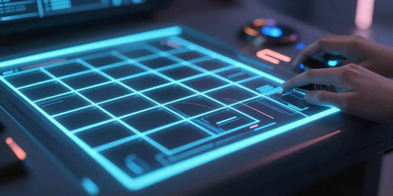 A sleek, futuristic control panel with glowing neon grids and data streams, neon cyberpunk aesthetic, shallow depth of field, highly detailed, Unreal Engine 5 render, --ar 16:9