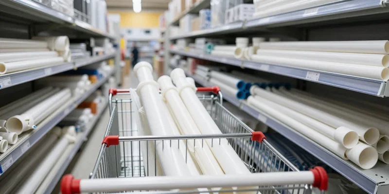 Midjourney prompt: First-person view of a shopping cart in a hardware store aisle filled with thin white PVC pipes, elbow joints, and colorful pool noodles, cinematic lighting, photorealistic --ar 16:9 --v 6.0
