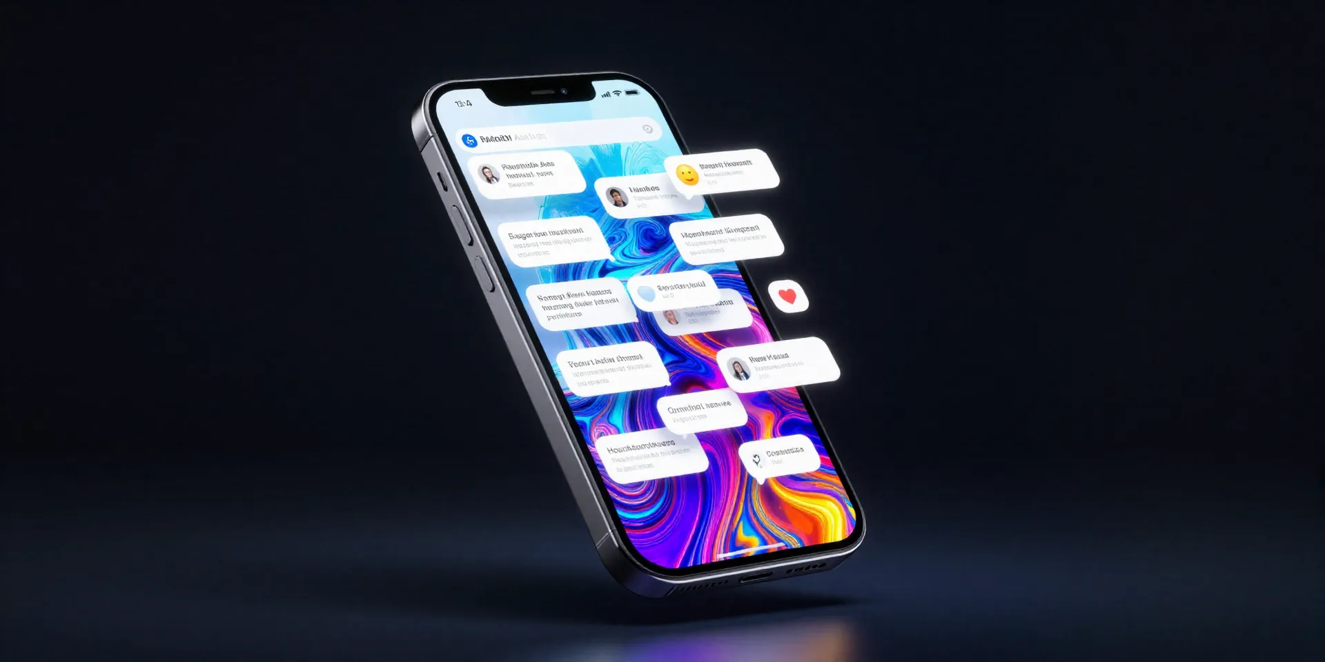 a glowing smartphone screen floating in a dark room, showing an overwhelming barrage of text message bubbles, some with heart emojis, surreal digital art, neon colors against dark background