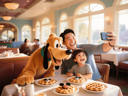 A Stable Diffusion prompt: candid, joyful photography inside a bright, airy Disney dining room, a family laughing as Pluto the dog leans in for a selfie with a young child, plates of Mickey waffles on the table, warm morning light streaming through windows, rich colors, shallow depth of field, captured on a Canon EOS R5 --ar 4:3 --v 6.0