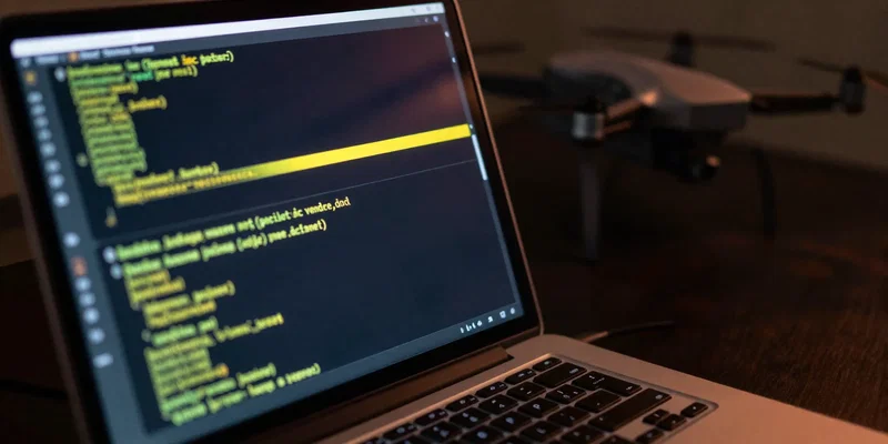 Close up of a laptop screen showing complex scrolling code and a yellow progress bar, out of focus drone parts in the background, dimly lit room, glowing screen light, cyberpunk hacker vibe, hyper-detailed --ar 16:9