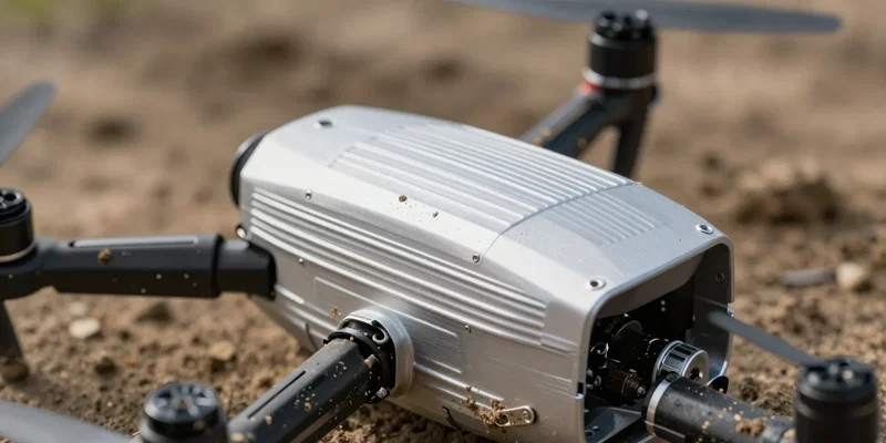 Sleek ribbed aluminum electronic module mounted inside a muddy drone frame, outdoor dirt track background, shallow depth of field, natural sunlight, highly detailed metal texture, 85mm lens --ar 16:9