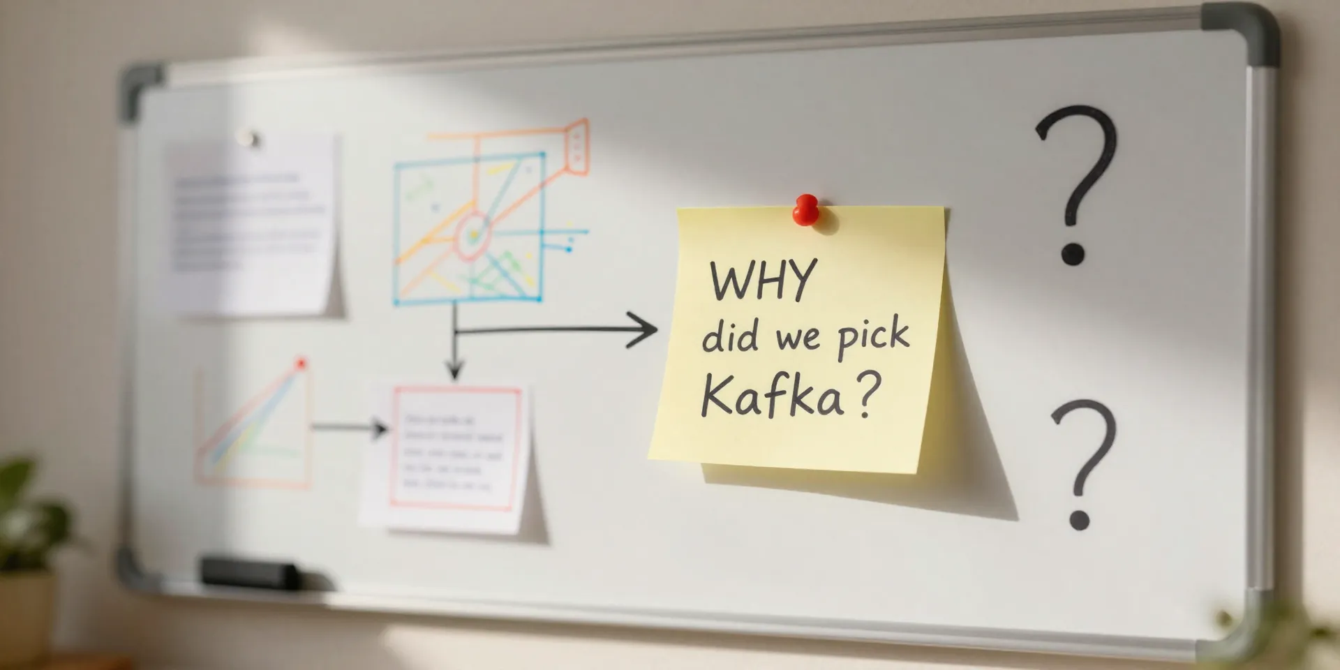 A living room whiteboard wall, covered in colorful, slightly messy diagrams and question marks. A sticky note