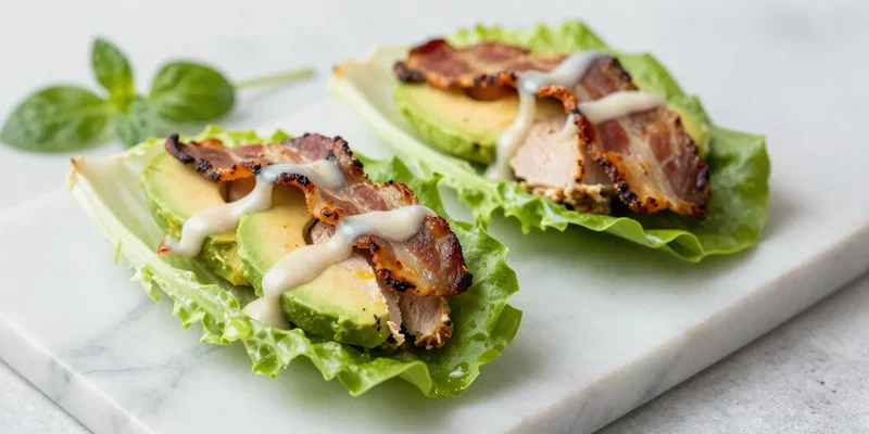A close-up of two beautiful lettuce wraps (butter lettuce cups) filled with roasted turkey, avocado, crispy bacon, and a drizzle of sauce. Shot on a marble slab, fresh herbs, shallow depth of field, bright and appetizing.