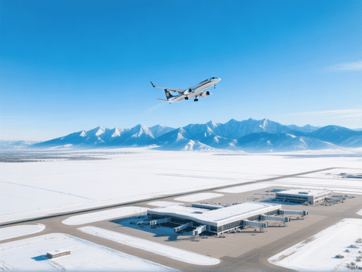 AI IMAGE PROMPT: An aerial drone shot, hyper-realistic, of a major western USA airport like Denver International (DEN) or Salt Lake City (SLC) on a clear winter morning. A single jet plane ascends into a blue sky over a vast blanket of snow-covered plains and distant, jagged mountain peaks. Style is sleek, modern travel photography.