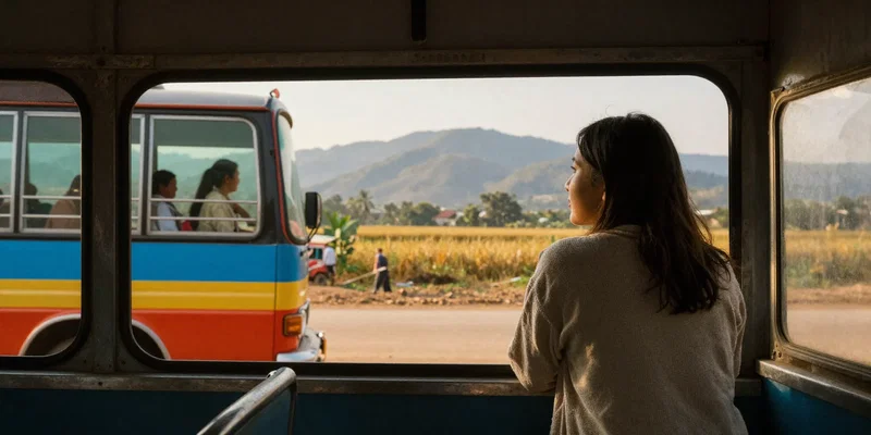 AI IMAGE PROMPT: a solo female traveler looking out the window of a colorful, bustling local bus in the countryside of Laos, mountains in the distance, golden light, sense of journey and contemplation, photojournalistic style, grainy film texture, 4:3 aspect ratio