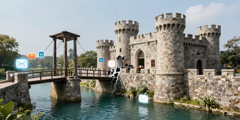 Midjourney Prompt: A visual metaphor. A medieval drawbridge over a moat, but the castle is a modern home office. Instead of water, the moat is filled with floating, glowing notification icons, emails, and LinkedIn logos trying to breach the walls. --ar 4:3