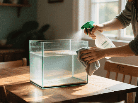 A person's hands cleaning a second-hand 10 gallon glass aquarium tank with a spray bottle and cloth, tank is empty