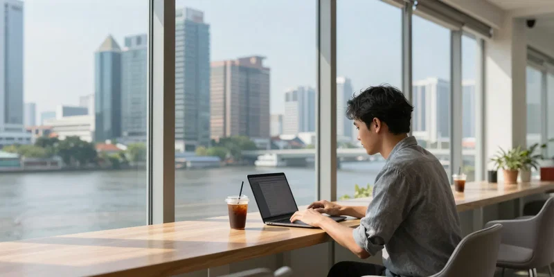 Modern, sunlit co-working space in a high-rise in Bangkok, floor-to-ceiling windows overlooking the Chao Phraya River. A digital nomad working on a laptop, a cold brew coffee on the desk. Style of a premium travel magazine photograph, sharp focus, vibrant city life blurring outside --ar 16:9