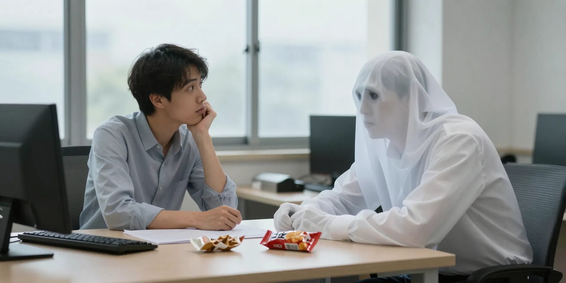 Midjourney Prompt: A person at an office desk looking out a window, feeling energetic and clear-headed, while a ghostly, tired version of themselves slumps at a nearby desk with empty snack wrappers. Symbolic contrast, photorealistic, creative digital art. --ar 16:9