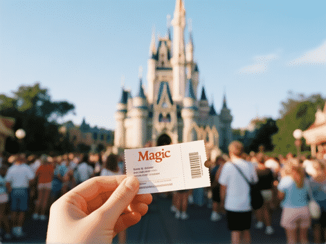 Retro 90s tourist, a single person holding a simple paper ticket to the Magic Kingdom, Cinderella Castle in the background, blurry crowd, soft focus, shot on 35mm film.