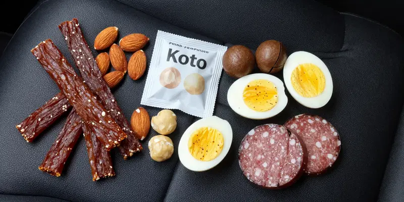 Top-down flat lay of high-protein keto snacks on a rustic car dashboard: beef jerky sticks, individual packets of almonds and macadamia nuts, hard-boiled eggs with pepper, and slices of salami. Textured leather seat in background, natural light, sharp focus --ar 16:9