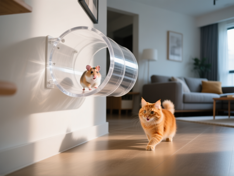 Ultra-wide angle shot, modern living room interior, a sleek clear acrylic tunnel system mounted on the wall, a fluffy orange cat watching intently from the floor, a tiny hamster visible inside the tunnel running, sharp focus, cinematic lighting, happy pet interaction, home decor style. --ar 16:9 --v 6.0