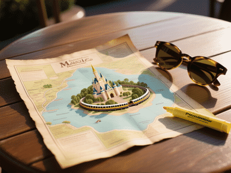 A weathered, comforting paper map of Magic Kingdom with quiet corners like Tom Sawyer Island and the PeopleMover highlighted