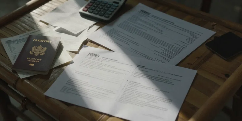 Cinematic, dramatic shot looking down at scattered papers on a bamboo desk in a Balinese villa: a passport, receipts, a 1099-NEC form, and a calculator. Moody lighting with a single ray of sun highlighting the chaos. Sense of overlooked details and mounting pressure.