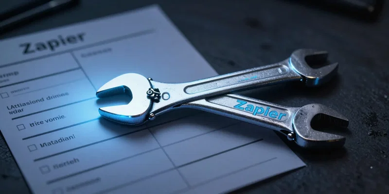 A futuristic, glowing wrench with 'Zapier' inscribed on the handle, transforming a jumbled block of text into neat, organized tags, cyberpunk aesthetic, sharp focus on the tool