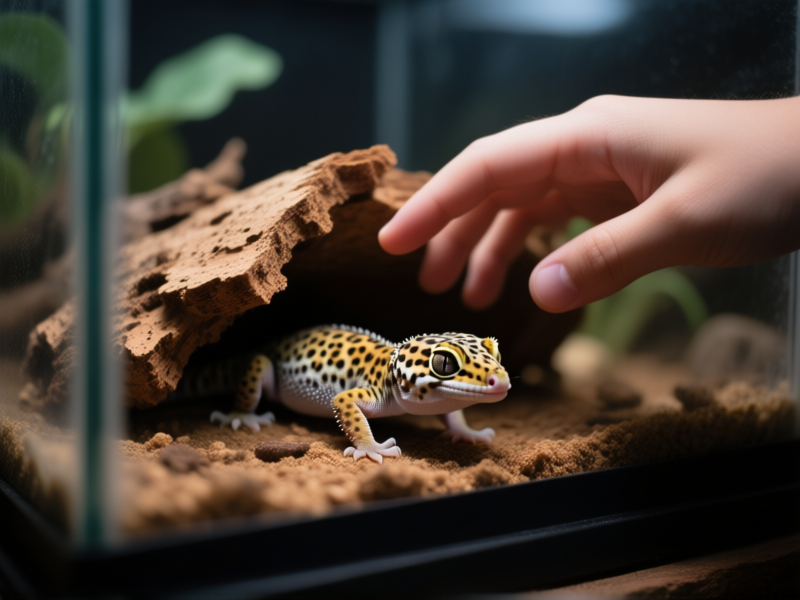Midjourney Prompt: Hyper-realistic photograph of a nervous new leopard gecko owner's hand hovering over a small, stressed leopard gecko hiding under a piece of cork bark in a terrarium. Close-up, shallow depth of field. Moody lighting, feeling of tension. --style raw --ar 16:9