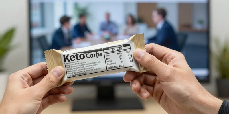 A person's hands, holding a keto protein bar wrapper and closely examining the small-print nutrition label. office