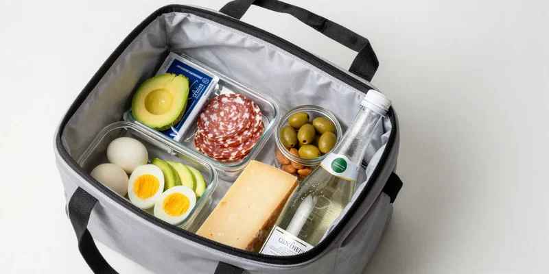 Overhead flat lay, minimalist aesthetic, soft natural light. A high-quality soft-sided cooler bag open, contents neatly arranged: glass containers with hard-boiled eggs and avocado slices, packs of premium salami and cheese, olives in a jar, a bag of almonds, a bottle of premium sparkling water. Clean, Instagram-worthy composition.