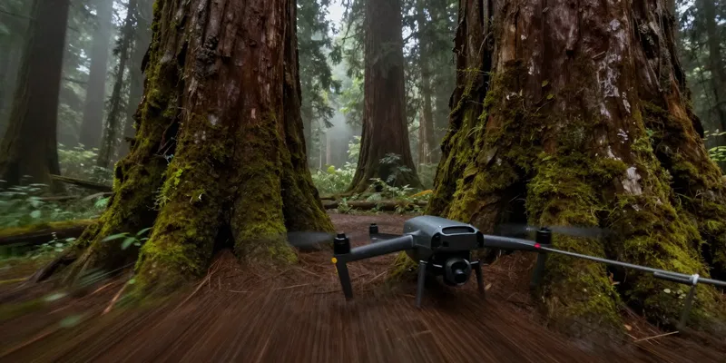 POV shot from an FPV drone threading the needle between two massive mossy redwood tree trunks, extreme speed, radial motion blur on the bark, sharp focus on the dark forest clearing ahead, mist, cinematic lighting --ar 16:9