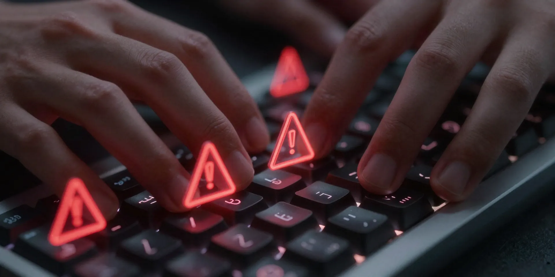 Close-up of hands typing on a glowing mechanical keyboard, neon red warning signs floating above the keys, cyberpunk aesthetic, shallow depth of field, macro photography --ar 16:9