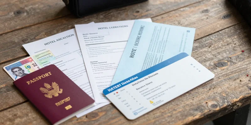 Overhead shot looking down on a traveler's essential documents neatly arranged on a rustic wooden table: passport with visible visas, printed hotel bookings, bank statement, return flight ticket, vaccination certificate, shallow depth of field, morning light, photorealistic