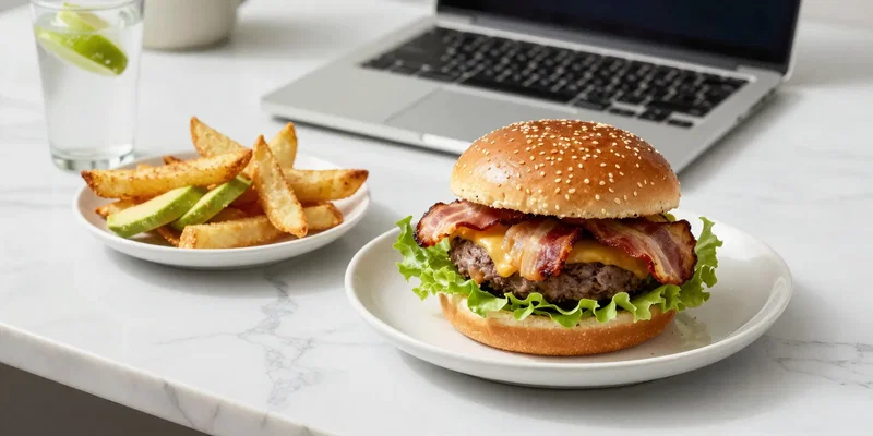 Stable Diffusion Prompt: photorealistic food photography, a delicious and colorful keto office lunch spread: a bunless bacon cheeseburger bowl with lettuce, a side of crispy avocado fries, and a sparkling water with lime, on a sleek marble desk next to a laptop, bright, clean aesthetic --ar 16:9