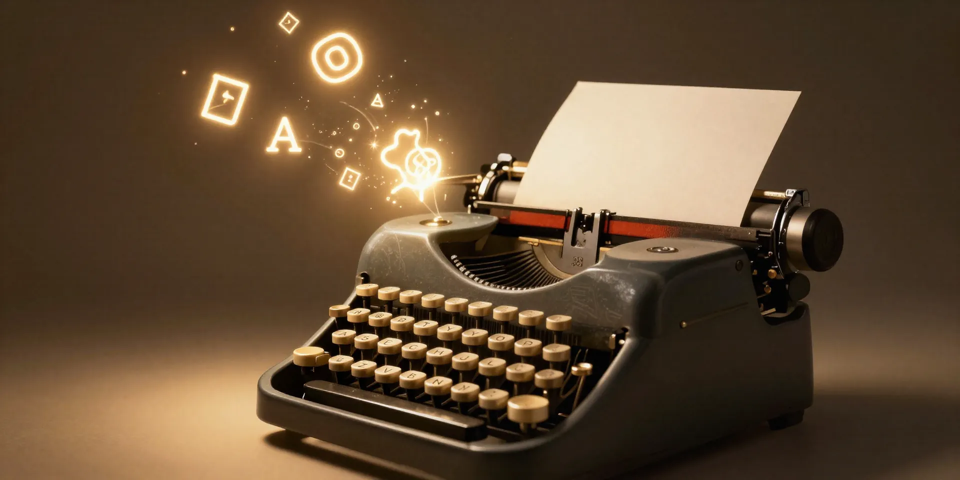 A vintage typewriter with glowing magical paper coming out of it, floating glowing text elements, amber lighting