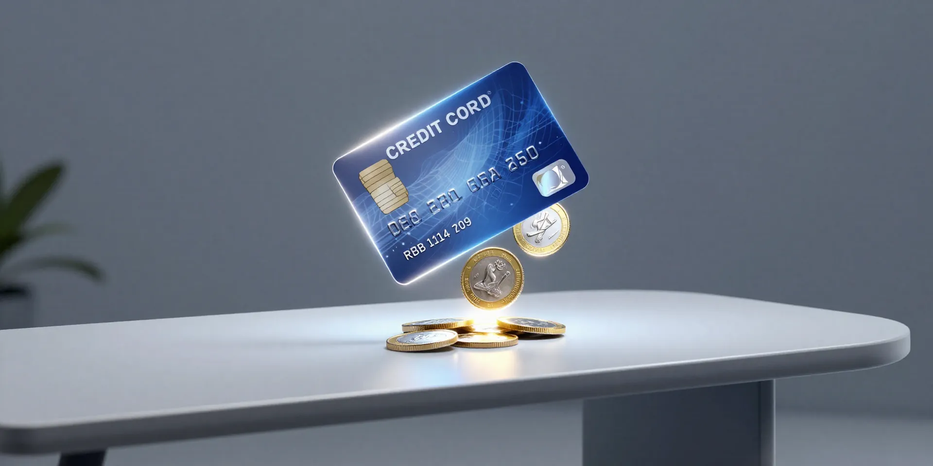 A glowing credit card floating above a minimalist futuristic desk, digital coins transforming into organized files, clean corporate lighting, photorealistic --ar 16:9