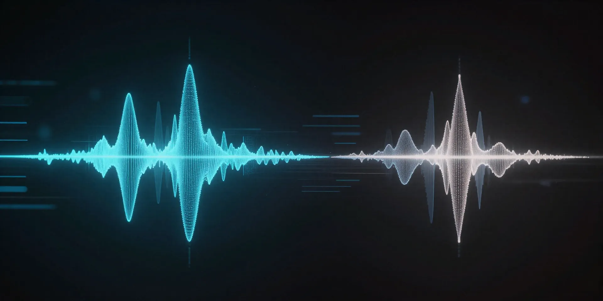 Two glowing digital waveforms aligning perfectly in mid-air, dark cinematic background, futuristic interface design, high contrast --ar 16:9