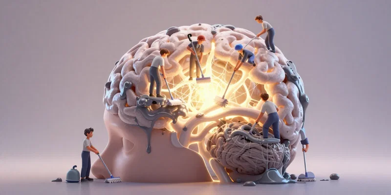 Midjourney prompt: Cinematic, metaphorical scene inside a human head. Tiny cartoon workers with vacuums and mops are cleaning sticky, grey cobwebs (brain fog) from glowing neural pathways. The cleaned areas shine with a soft, golden light. Warm, hopeful atmosphere. Pixar animation style, detailed and whimsical. --ar 16:9 --v 6.0