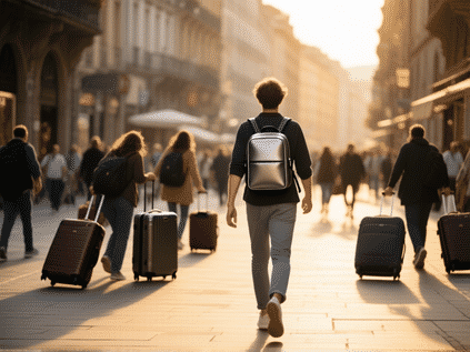 A person confidently walking through a bustling European city street with just one sleek, compact backpack. They look light and free, contrasting with other travelers struggling with multiple heavy suitcases. Photorealistic, candid street photography style, golden hour lighting, --ar 16:9
