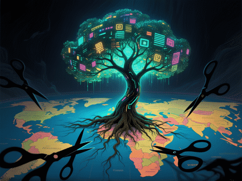 AI Image Prompt: Conceptual art of a glowing, intricate digital tree (ideas) with roots stretching across a map, but some roots are being severed by shadowy, abstract scissors. Digital painting, vibrant core, dark peripheries. --ar 16:9