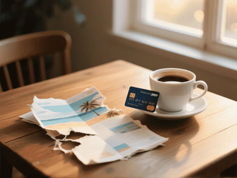 An elegantly discarded, torn-up vacation itinerary on a wooden table. A calming cup of coffee sits next to it, with a credit