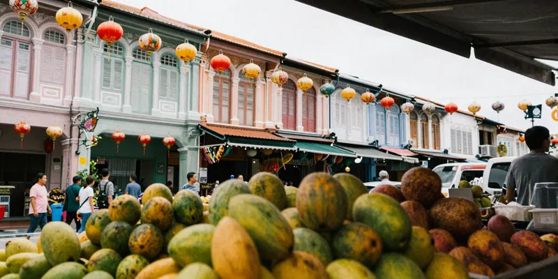 Stable Diffusion Prompt: bustling Chinatown street in Singapore, vibrant heritage shophouses, colorful lanterns, close-up on a market stall with piles of exotic fruits, rich textures, film grain, candid street photography style