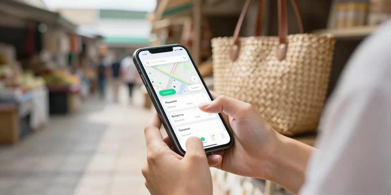 [Midjourney/SD Prompt: A person's hands on a smartphone, screen glowing with a map and price comparison app next to a woven handbag in a sun-drenched market aisle. A sense of quiet preparation. --ar 16:9]