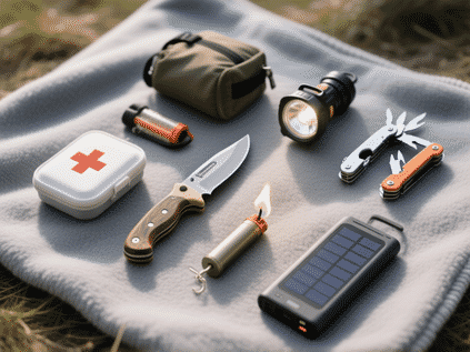 Midjourney Prompt: A minimalist, beautifully organized collection of essential van life gear on a grey blanket: a sturdy fixed-blade knife, a compact first-aid kit, a headlamp, a multi-tool, a firestarter, a solar-powered power bank. Top-down shot, clean focus, soft shadows. --ar 16:9 --v 6.0