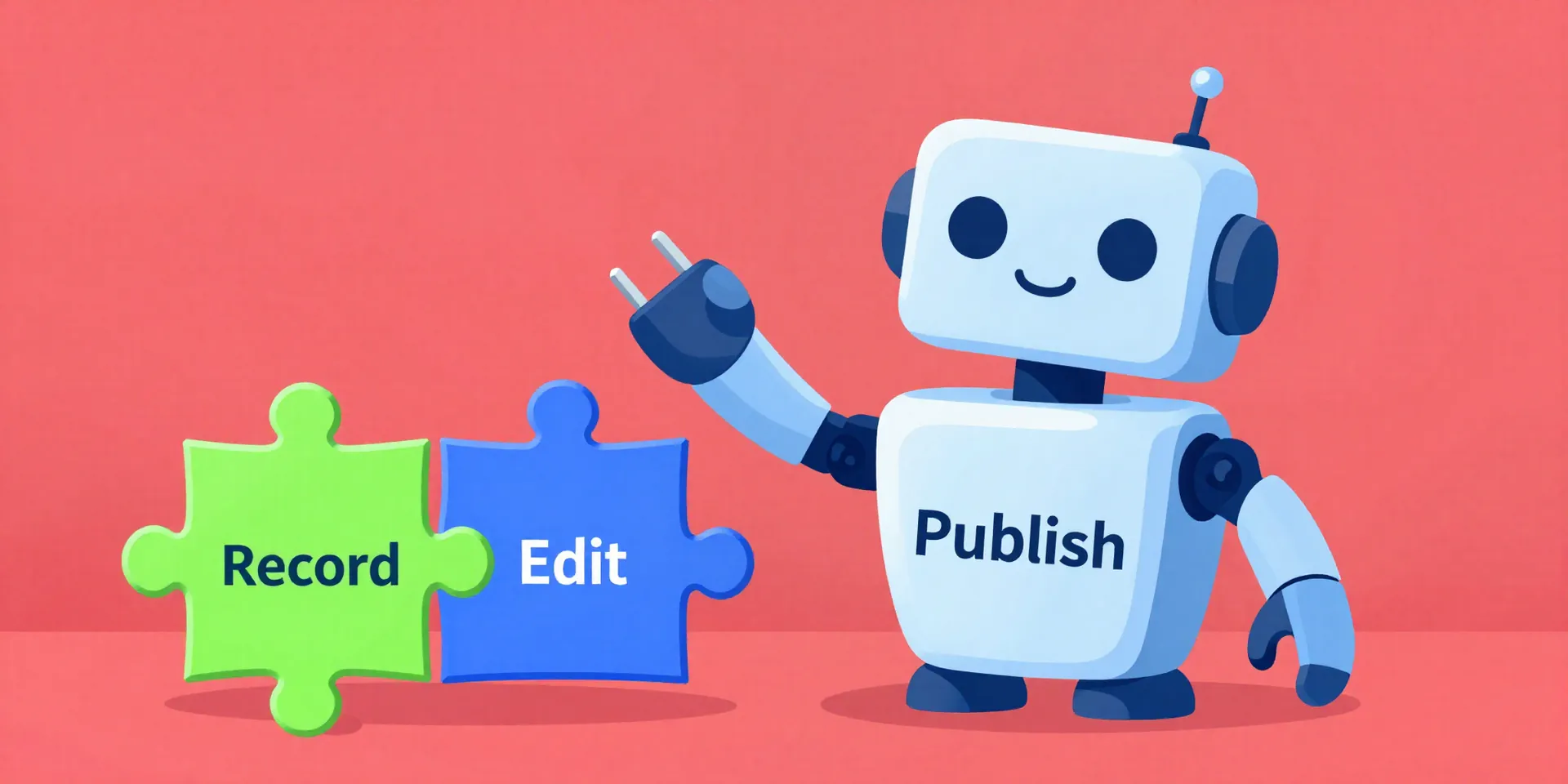 Iconographic, fun illustration. A friendly robot (Zapier) with plug arms is connecting puzzle pieces labeled 'Record', 'Edit', 'Publish'. Bright, bold colors, vector style, clean lines.