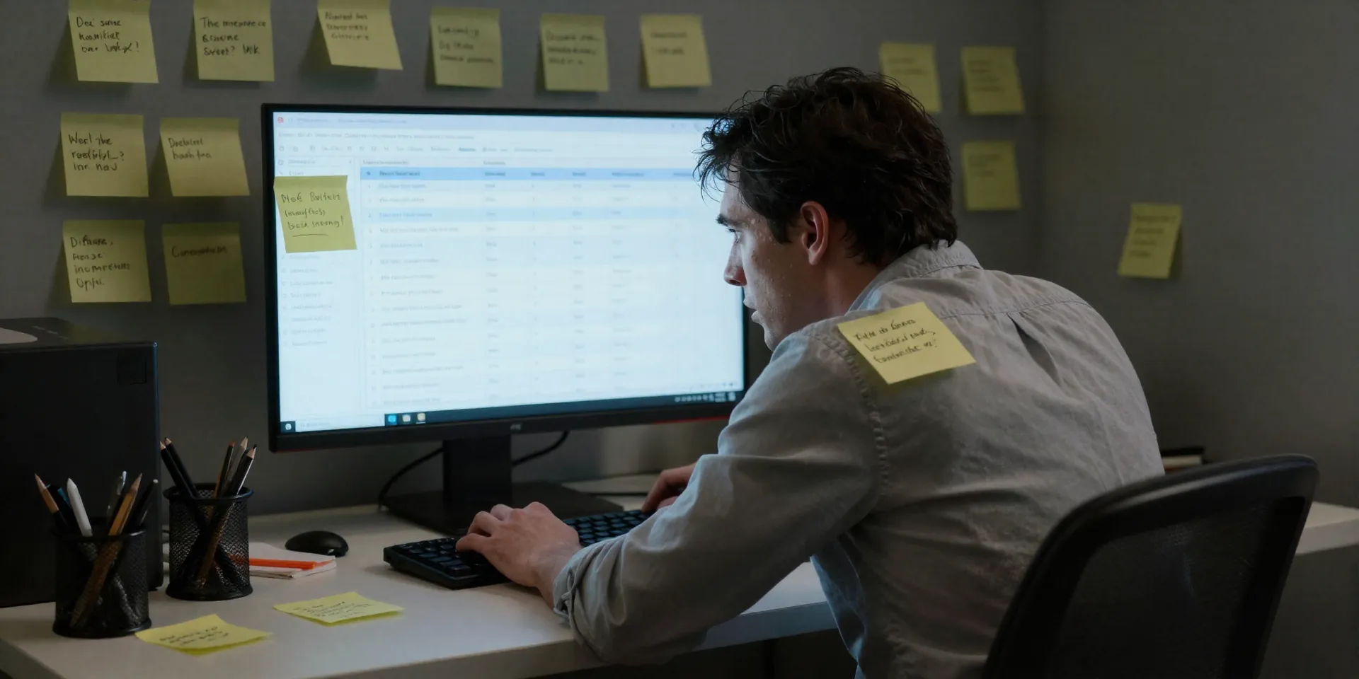 An exaggerated cinematic scene of a stressed office worker at a messy desk, covered in a sea of sticky notes, staring at a flickering Airtable dashboard at 2 AM. Hyper-realistic, moody lighting, high detail, digital art.