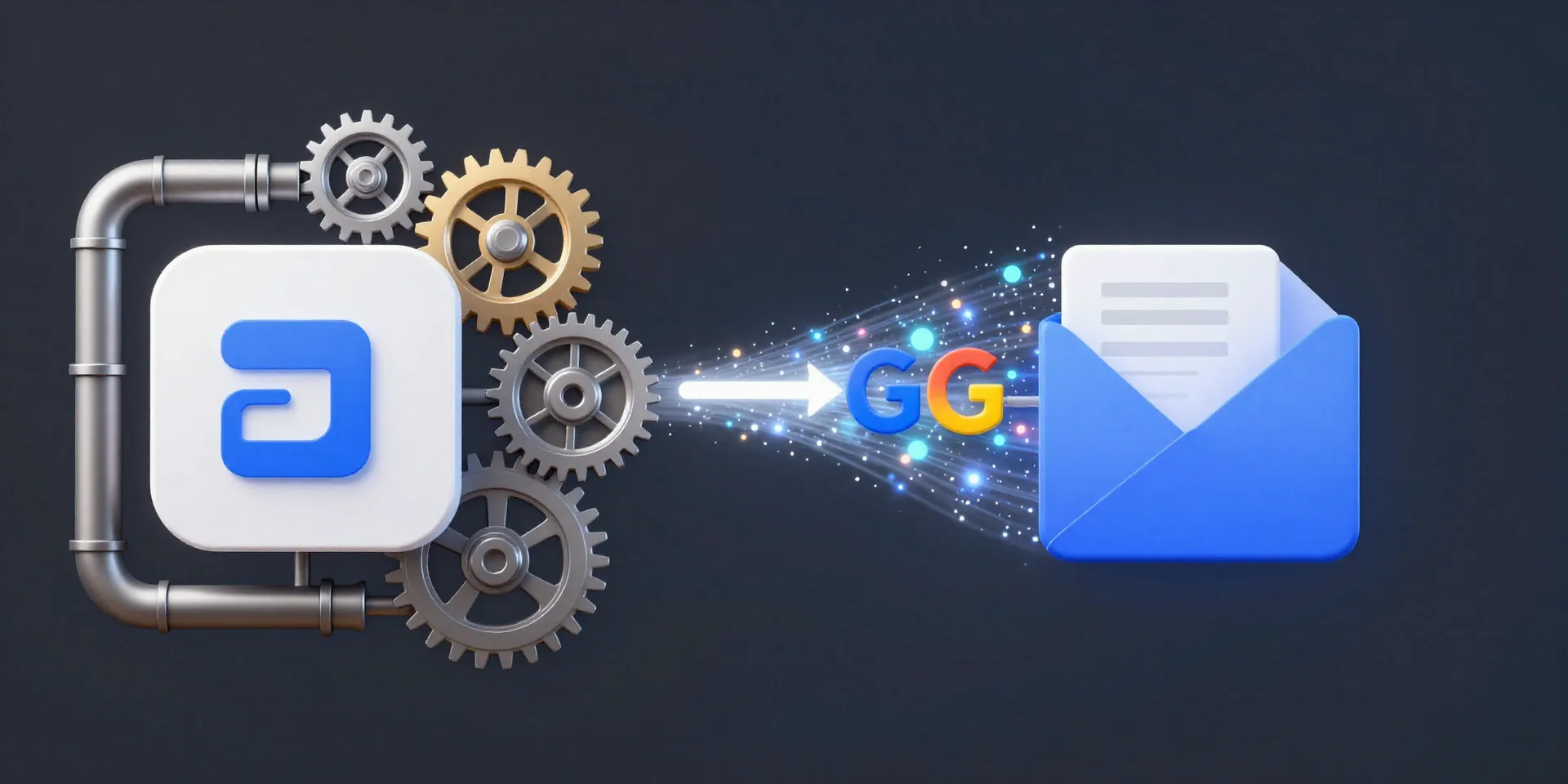 Conceptual 3D animation still. Gears and pipes connect an Airtable logo on the left to a Google Docs logo on the right. Data, visualized as glowing particles, flows seamlessly through the connection. Modern tech aesthetic, --ar 16:9 --style raw