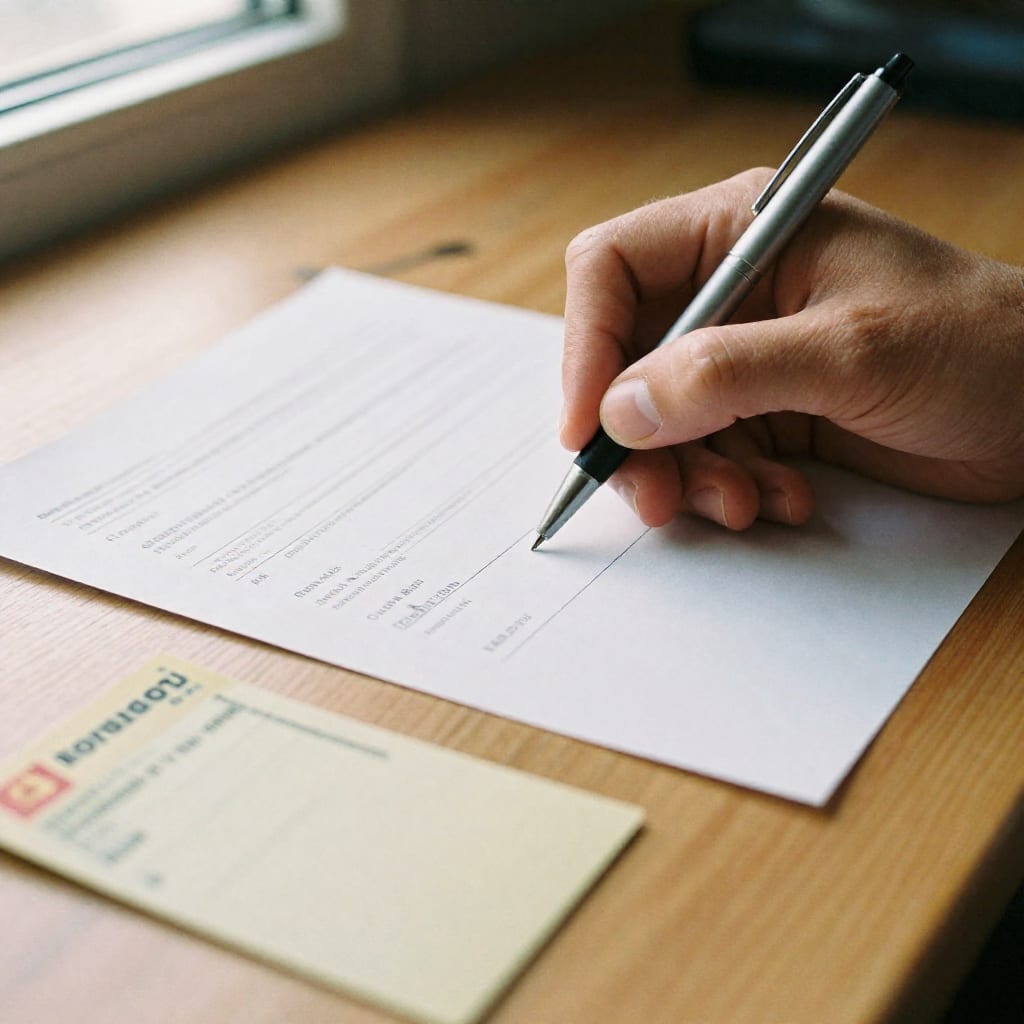 A hand holding a pen over a generic credit application form and deposit slip on a wooden desk, illuminated by soft morning
