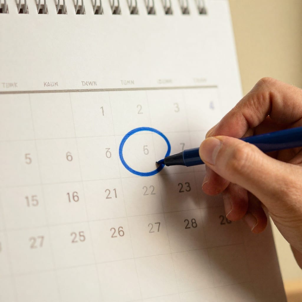 A close-up photograph of a hand circling a date for an automatic payment on a paper wall calendar, window light and shallow
