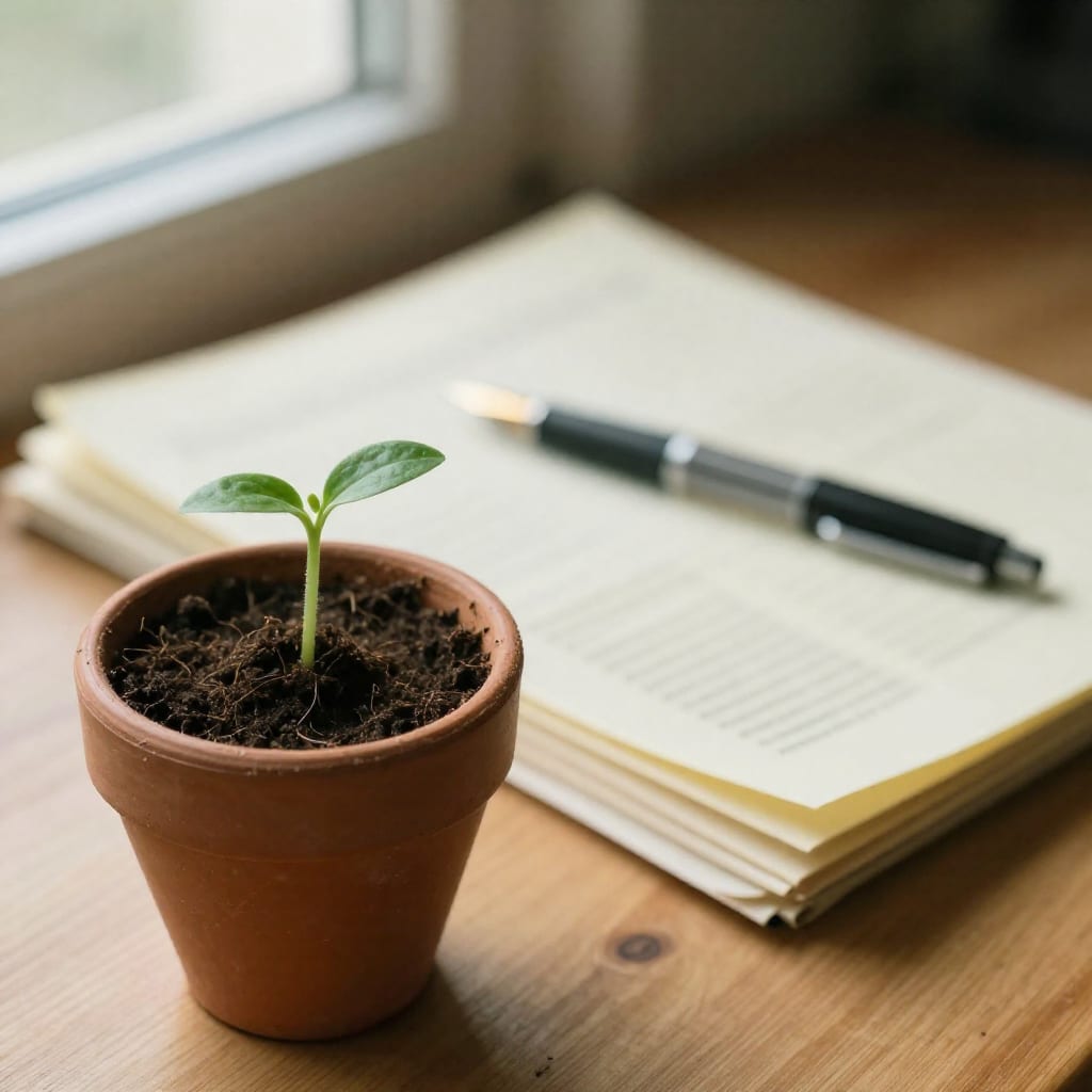 Close-up of a small green sprout in a terracotta pot next to a stack of financial statements on a desk, bathed in soft