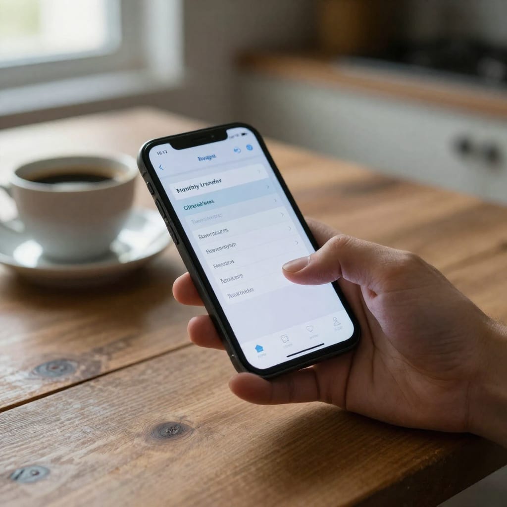 A close-up candid photo of a hand holding a smartphone with a budgeting app, next to a coffee cup on a wooden table in soft