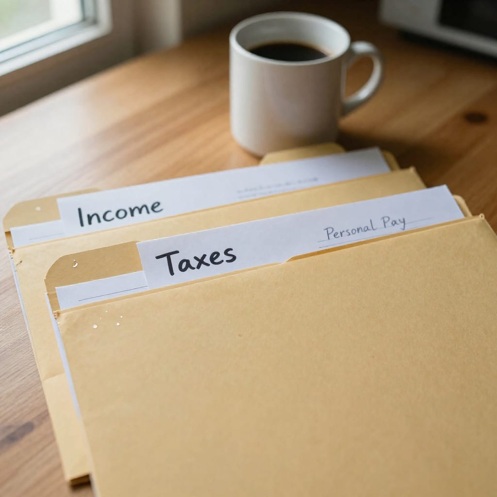 A close-up documentary photograph of three labeled manila folders for income, taxes, and personal pay arranged on a sunlit